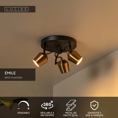 Lucide EMILE - Spot plafond - Ø 23 cm - 3xGU10 - Or Mat / Laiton - USP